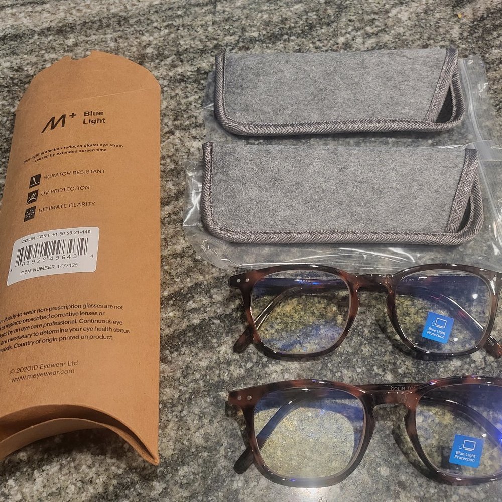 Blue light Glasses 2 Pack with 2 Cases NEW! Colin by M+ +1.50